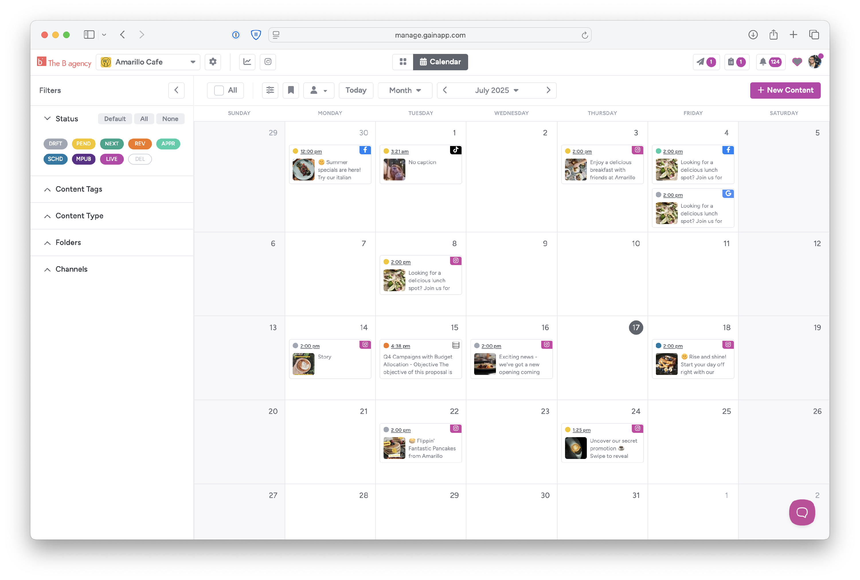 The filter panel open in Gain showing as options: Status, Content Tags, Content Type, Folders, and Channels.