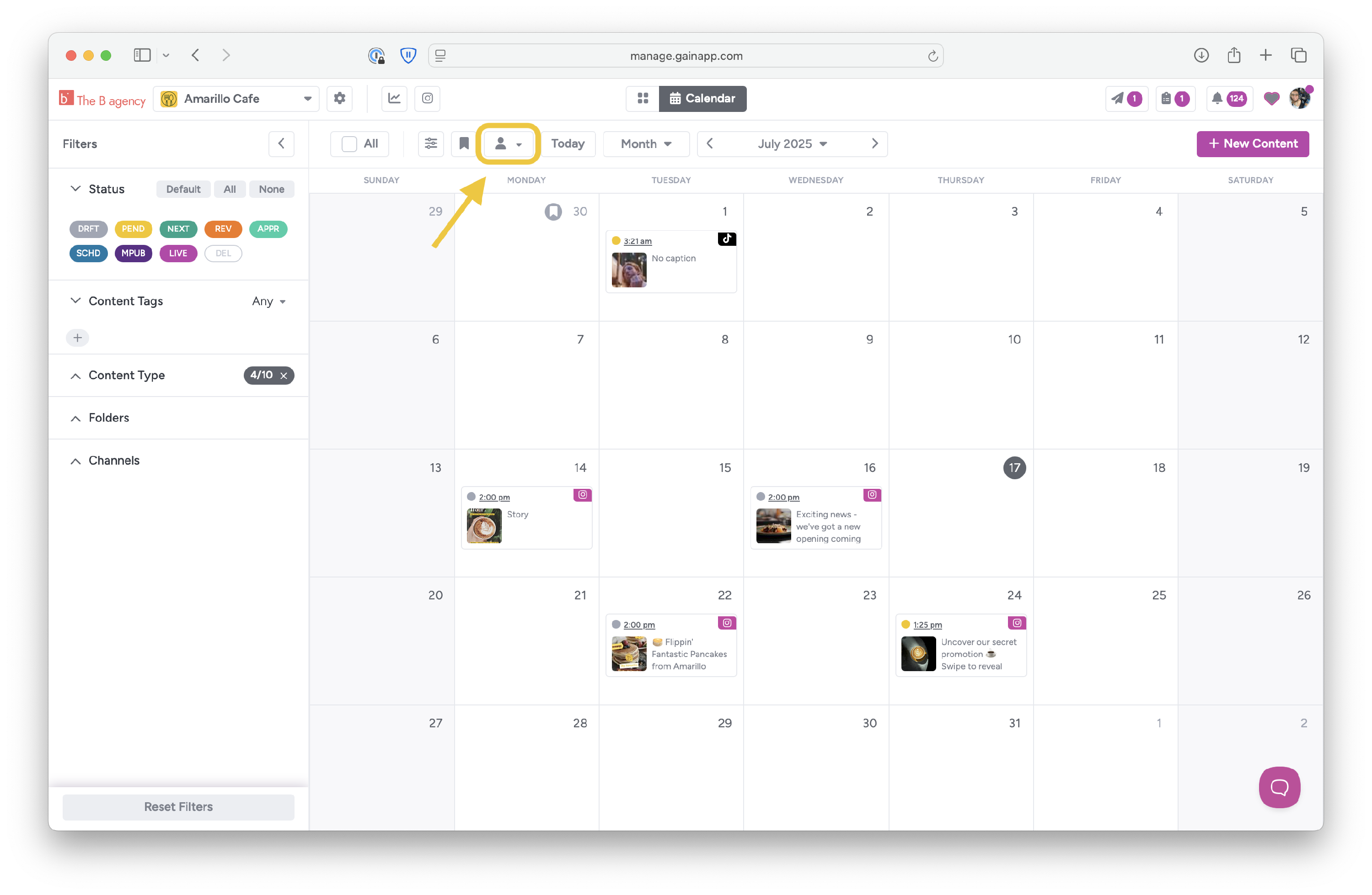An arrow points to the content owner filter above the calendar.