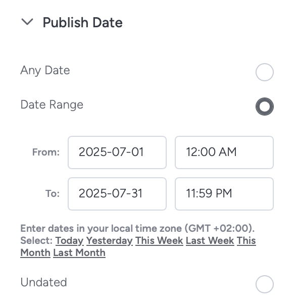 The Publish Date section of the filters showing several options.