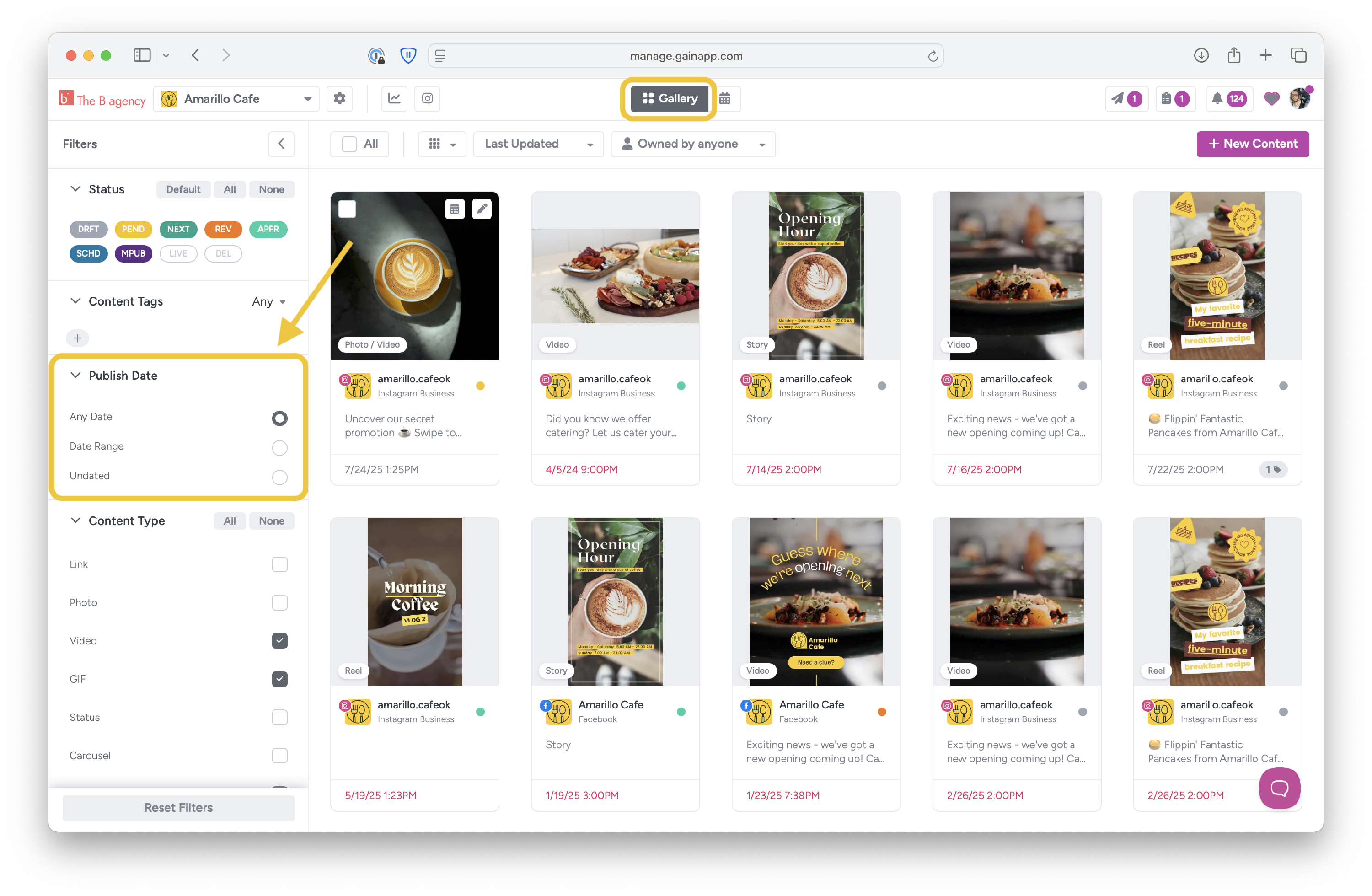 An arrow points to the Publish Date section in the filter panel.