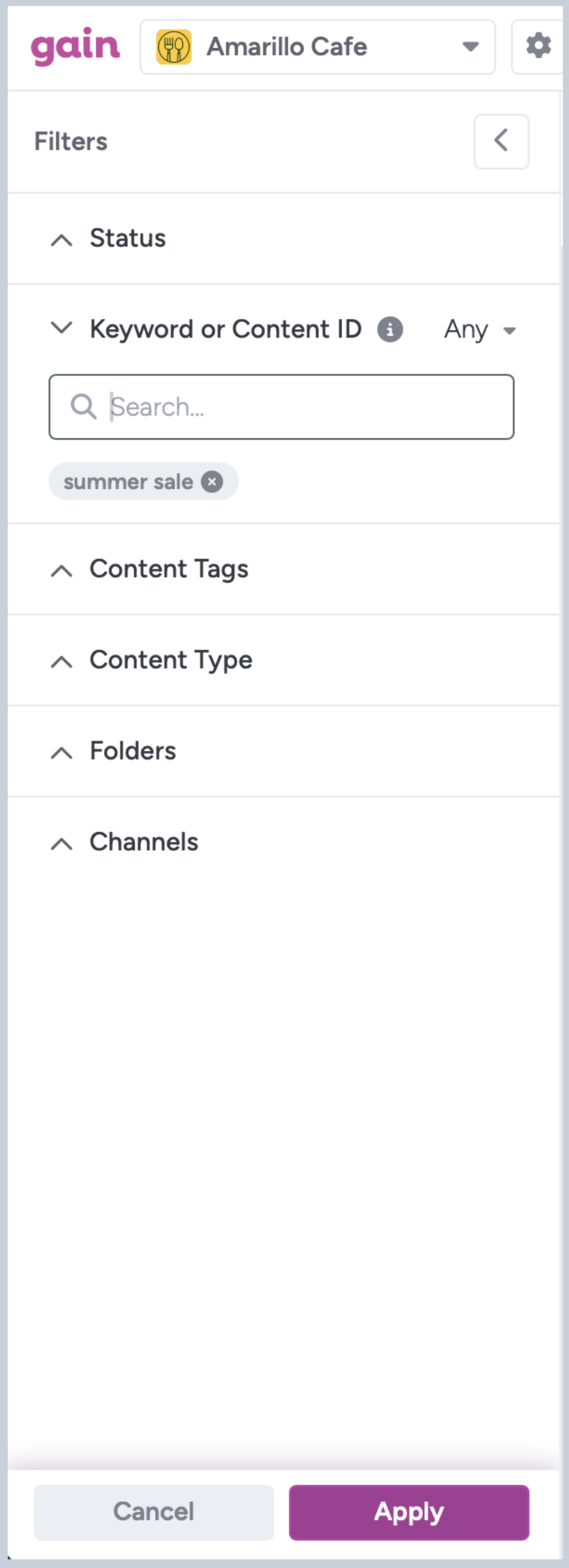 The keyword and content ID filter in Gain