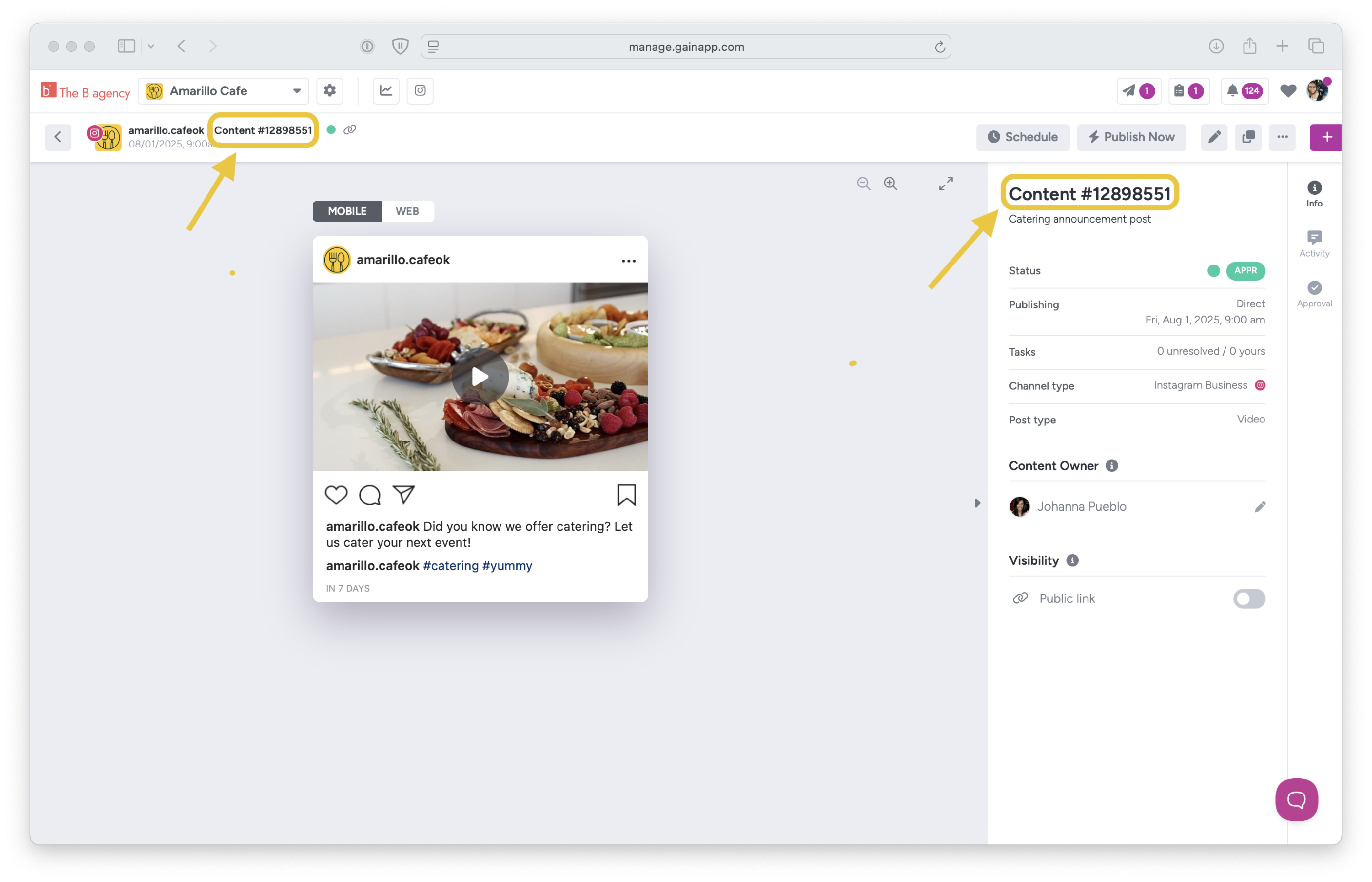 Content ID number of a social post in Gain