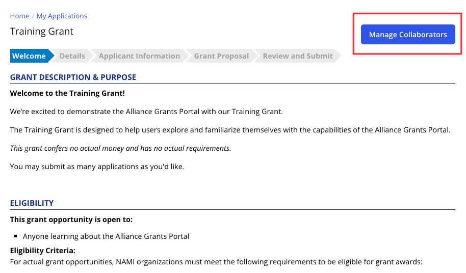 Image of the Training Grant application with the Manage Collaborators button highlighted