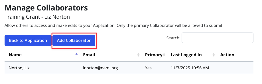 Image of the Manage Collaborators screen with the Add Collaborator button highlighted