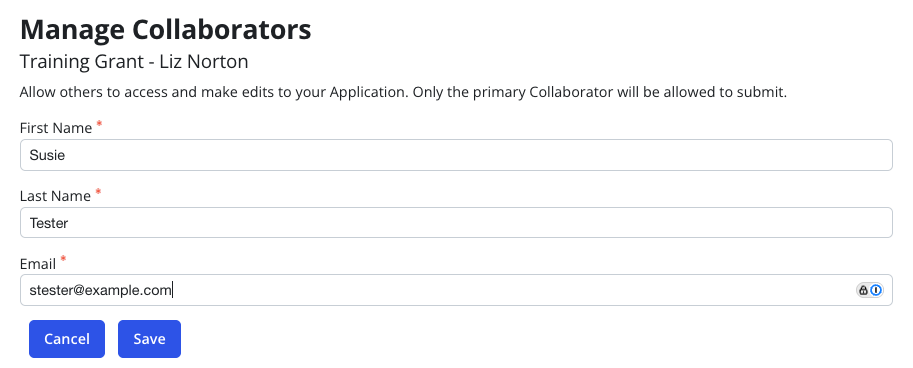 Image of the collaborator entry form