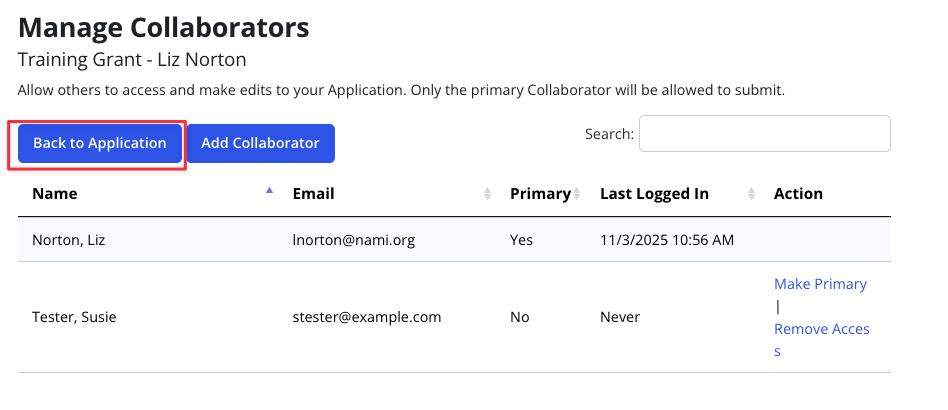 Image of the Manage Collaborators screen with the Back to Application button highlighted