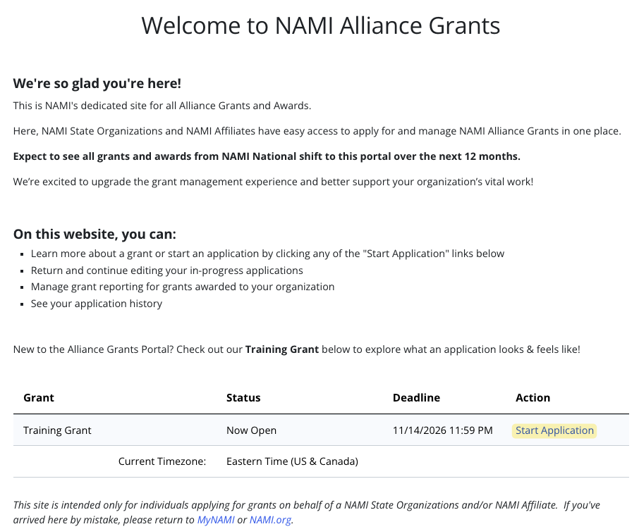 Screenshot of the Alliance Grants Portal homepage with list of active grants