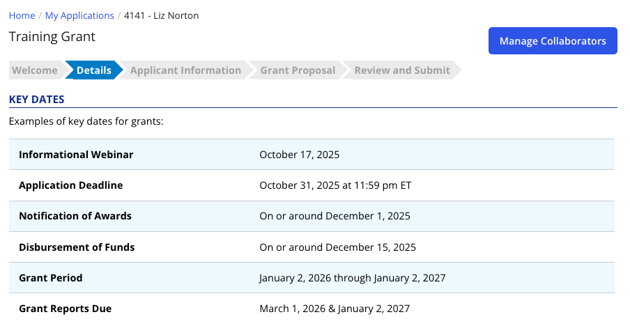 Table of Key Dates for a Grant Application