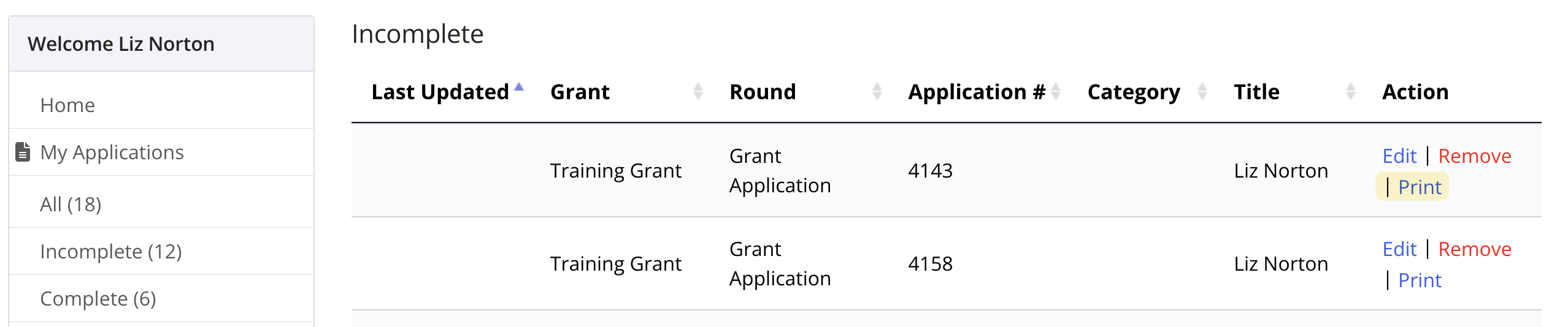 Screenshot of a grants list highlighting the Print link
