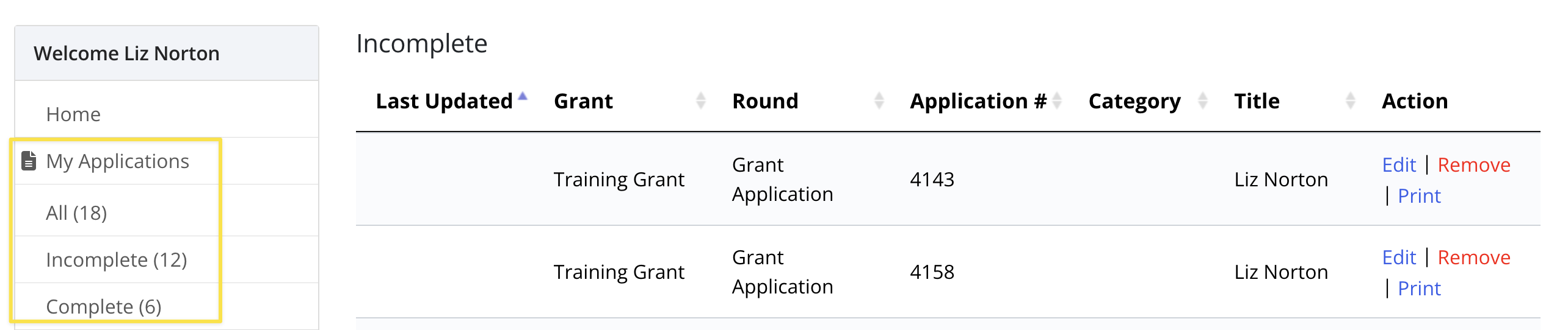 Screenshot indicating the location of the My Applications menu on the left side of the page