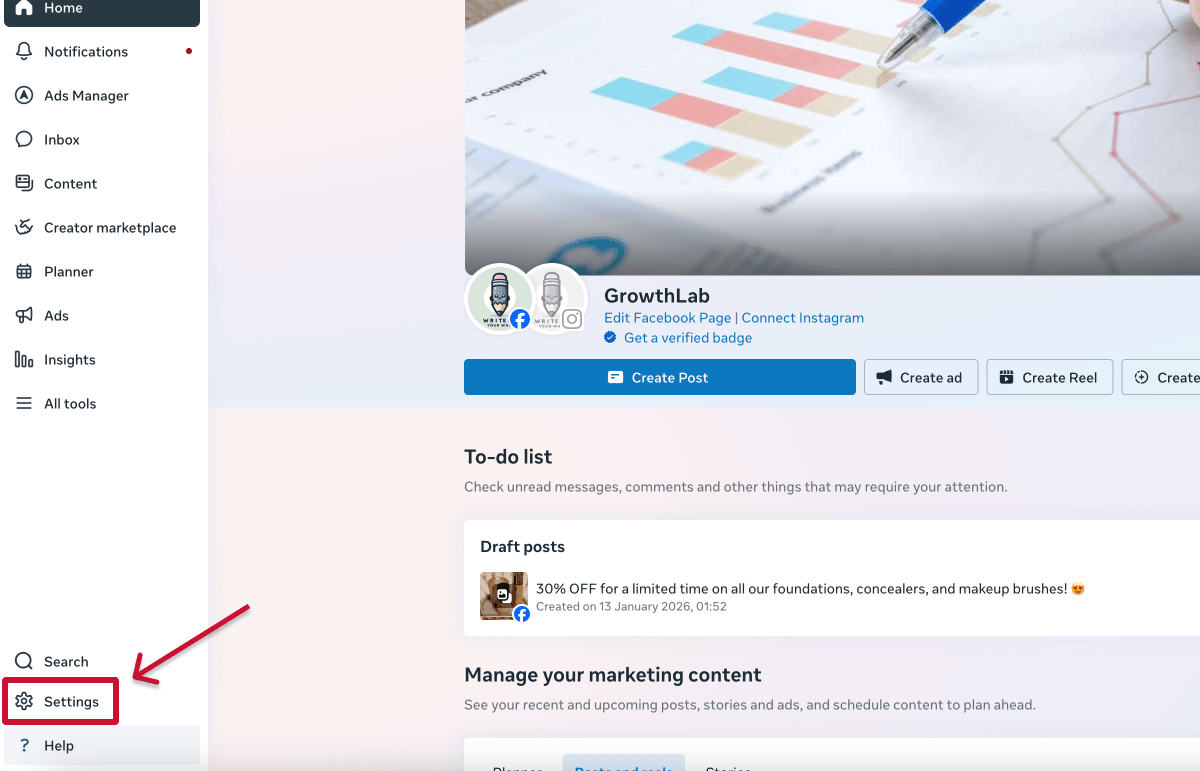 Settings in meta business suite