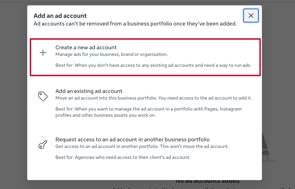 Create a new ad account in business portfolio