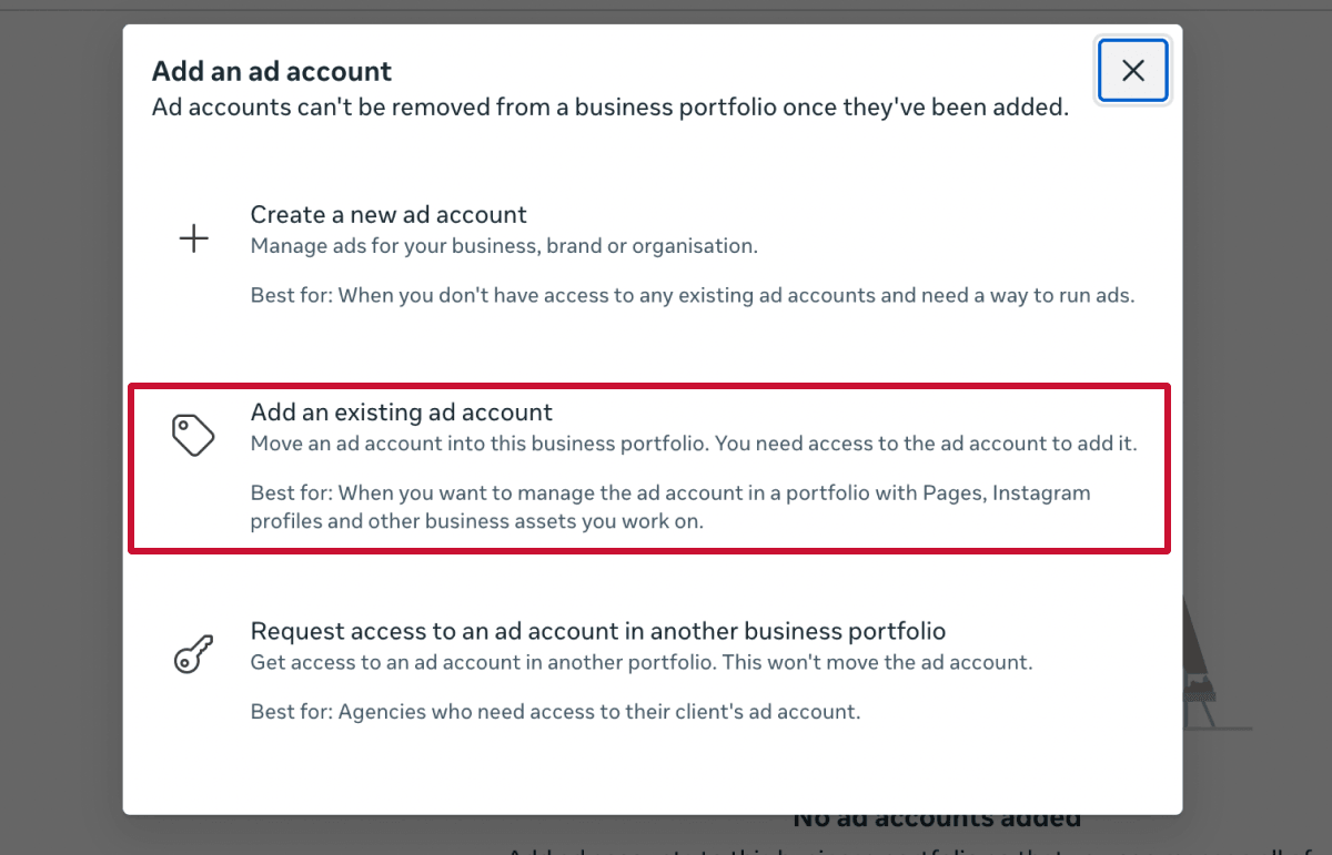 Add an existing ad account in business portfolio