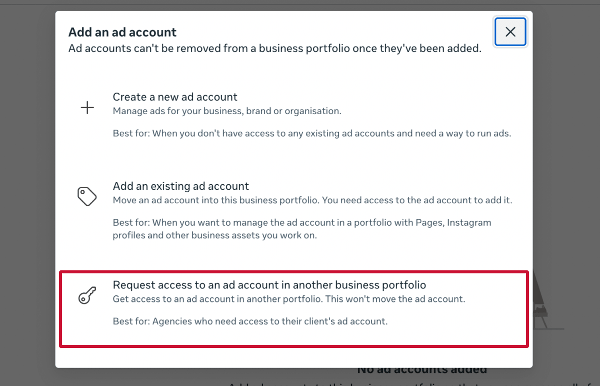 request access to ad account in another business portfolio