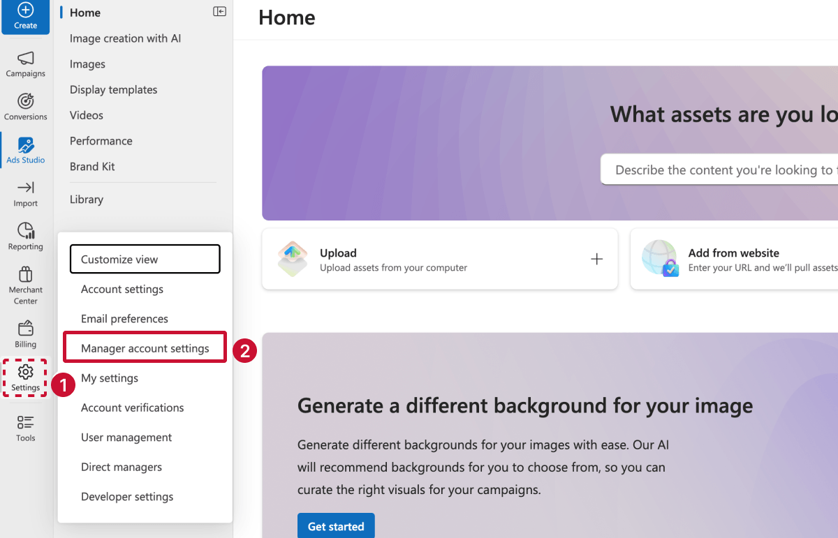Manager account settings in MS ads