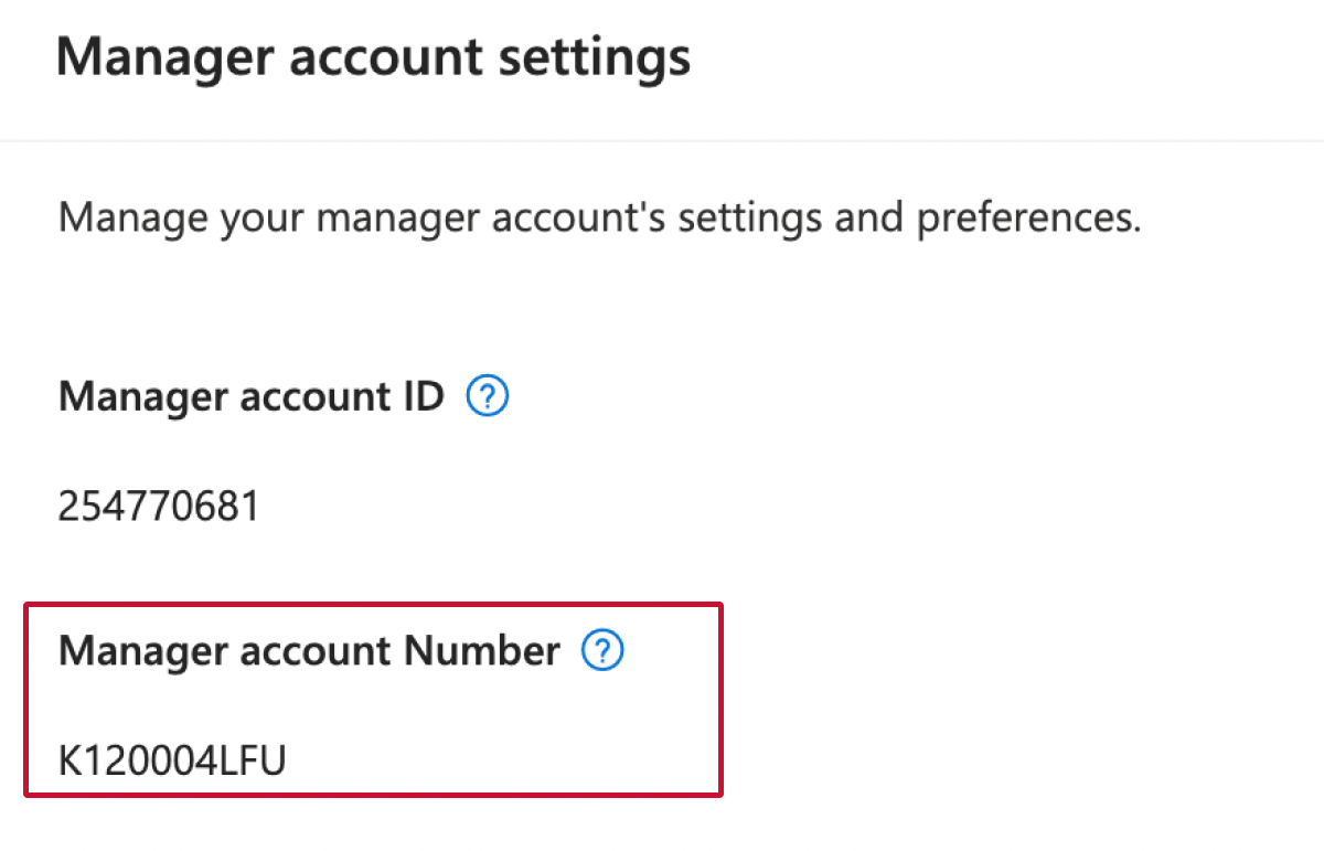 Manager account number in manager account settings