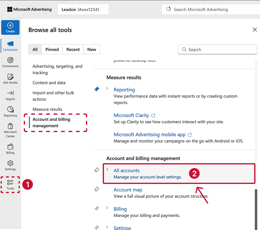 Head to all accounts in MS Ads to find your Microsoft account number