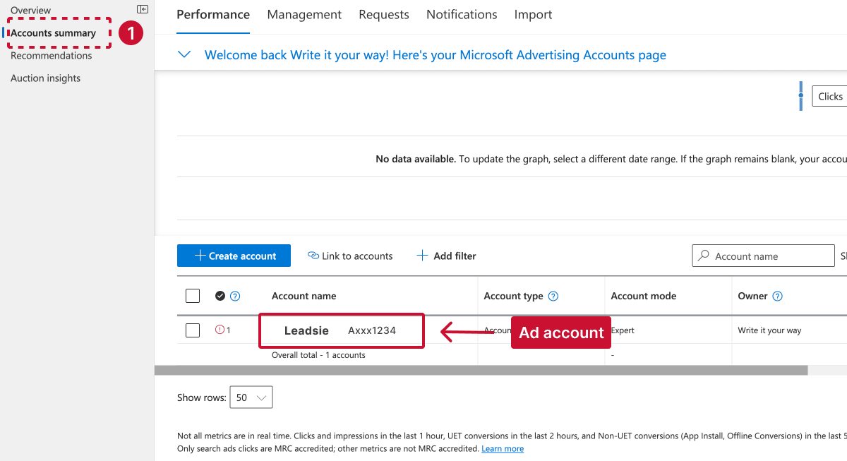 Ad account number in account summary
