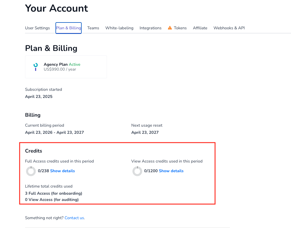 Leadsie account plan and billing page with credits section highlighted