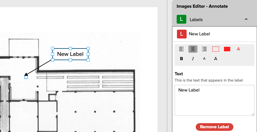 Figure 8. A section of a Floor Plan and the Images Editor - Annotate menu showing a New Label with move handles