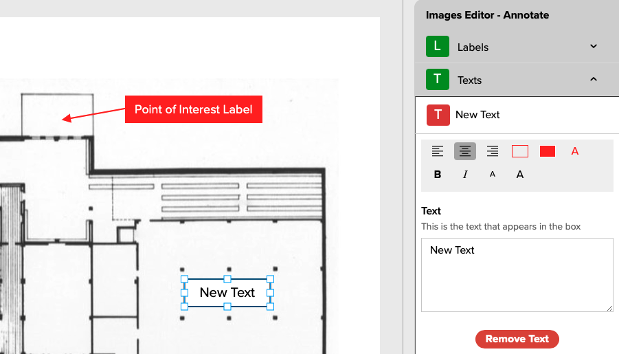 Figure 9. A section of a Floor Plan and the Images Editor - Annotate menu showing a New Text with move handles