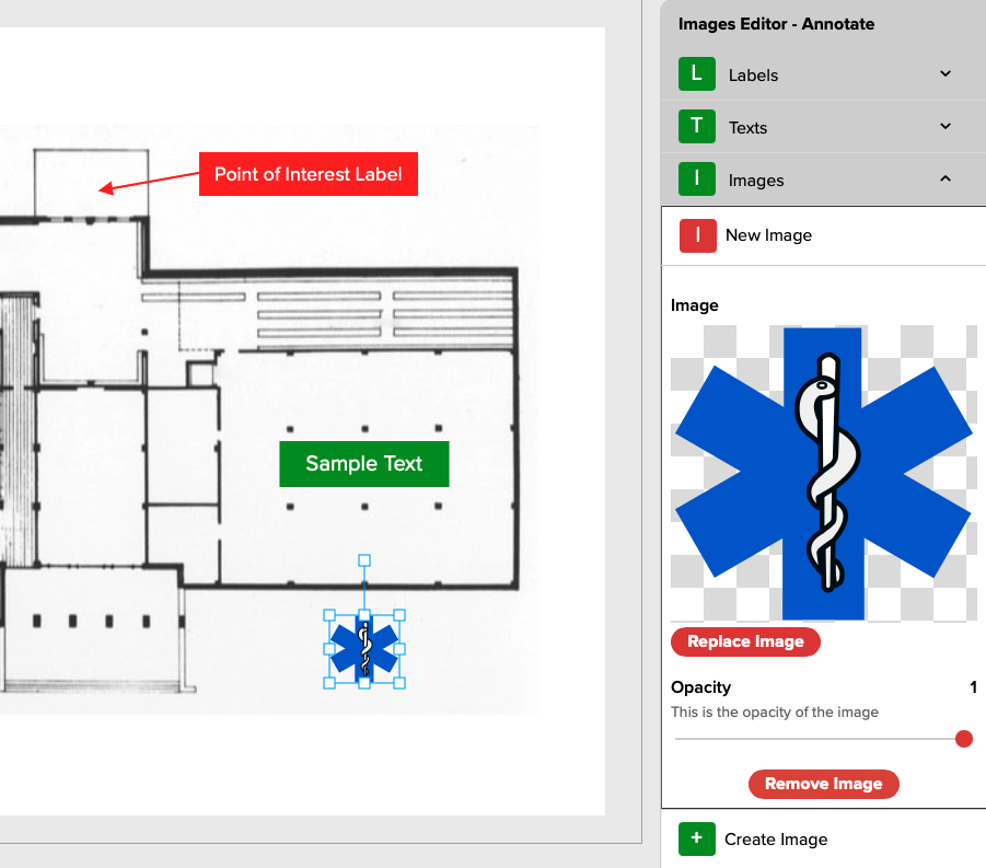 Figure 9. A section of a Floor Plan and the Images Editor - Annotate menu showing an Image with move handles