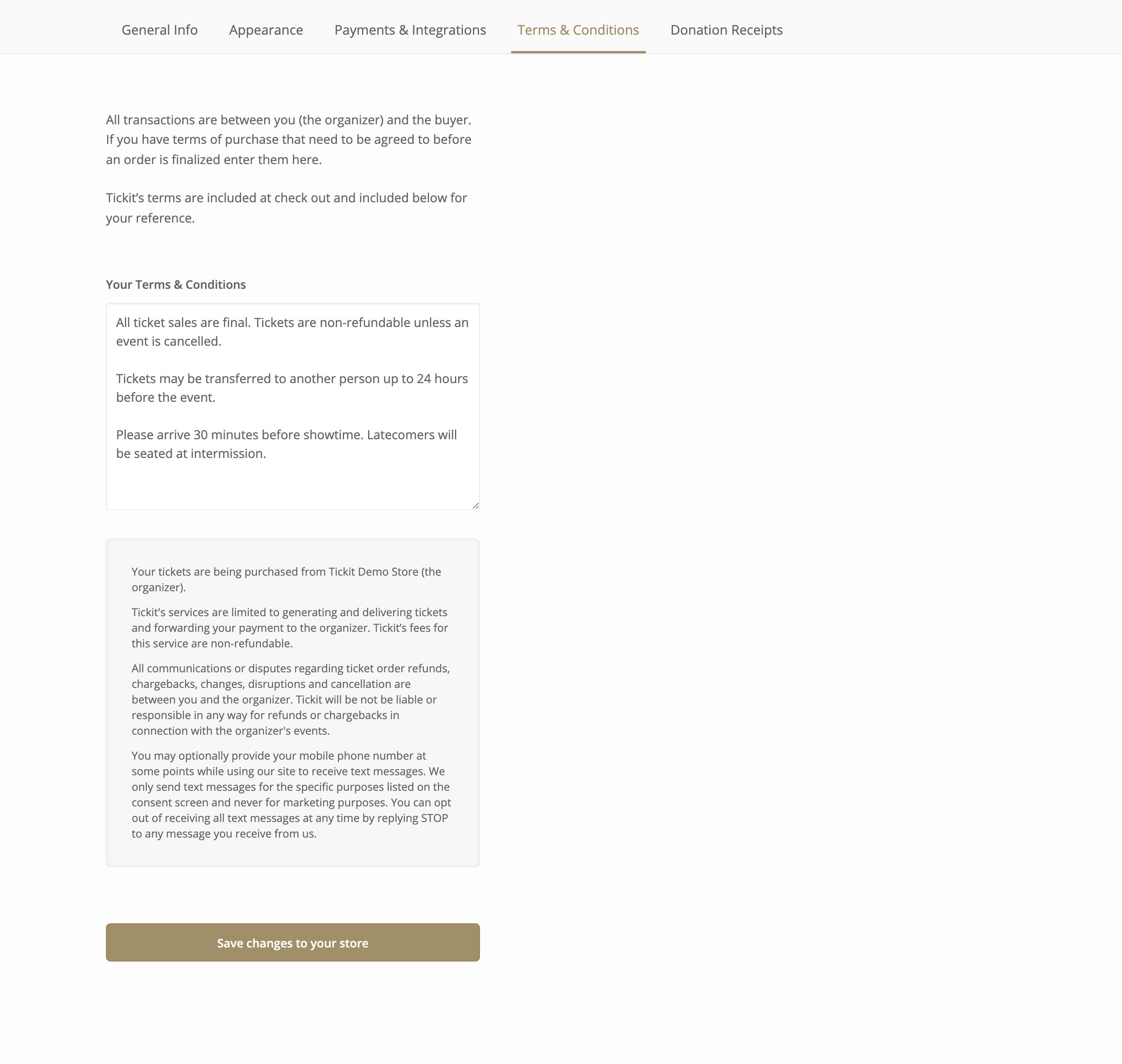 The Terms & Conditions tab in Settings