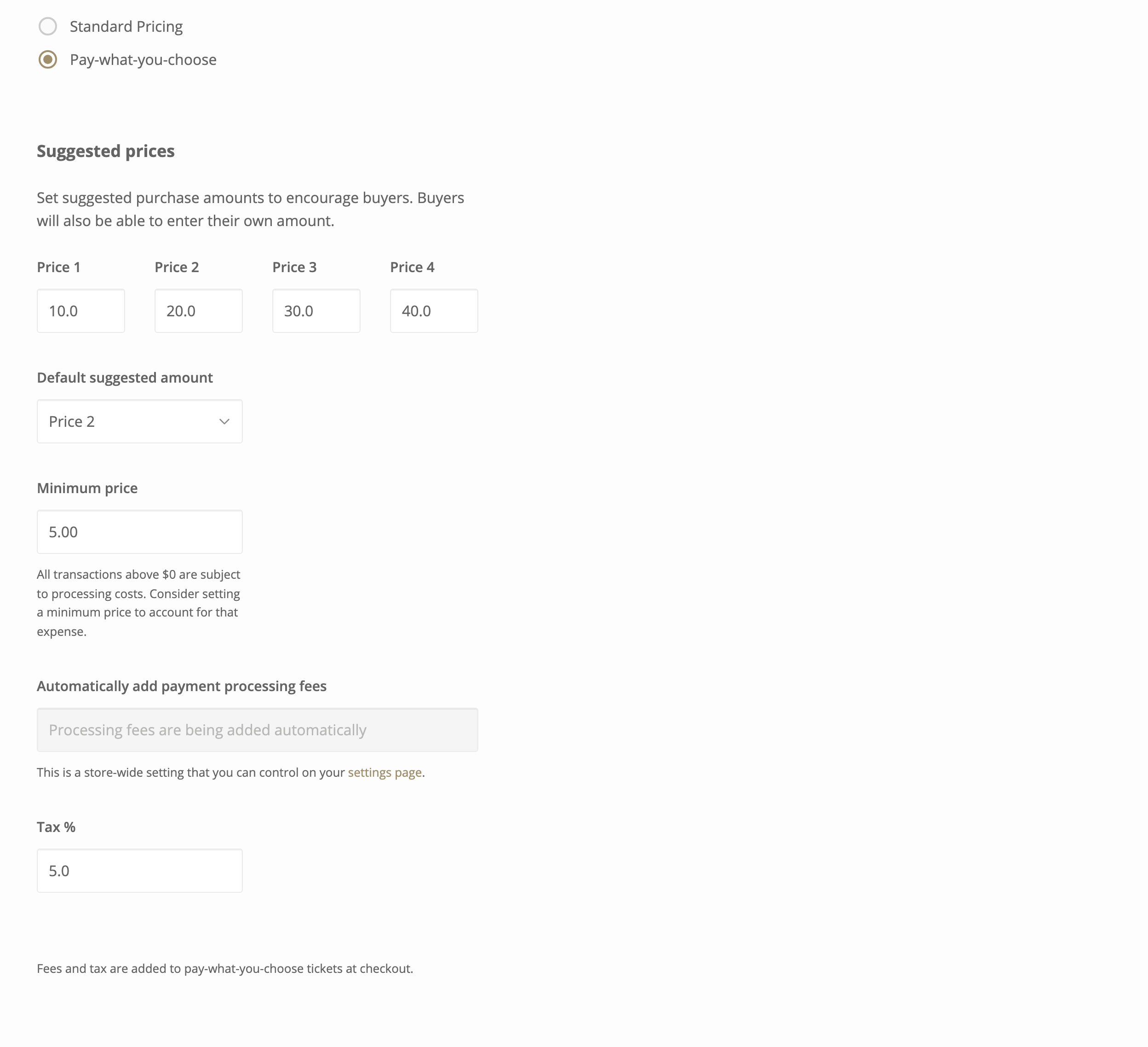 The Pricing tab in pay-what-you-choose mode, showing four suggested prices and a minimum