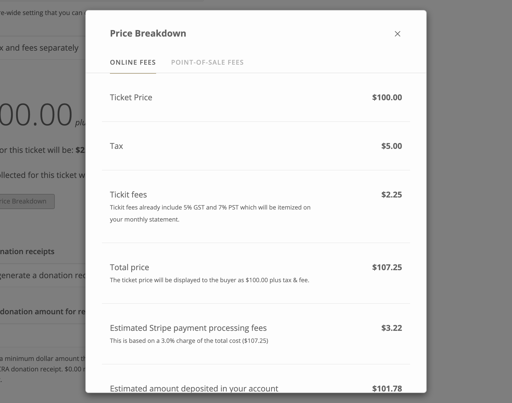 The Price Breakdown showing ticket price, tax, Tickit fees and the total