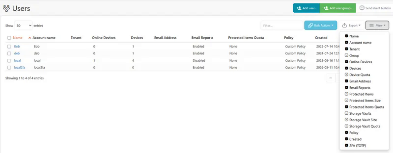 Users list with the View column menu open and the 2FA (TOTP) column option ticked