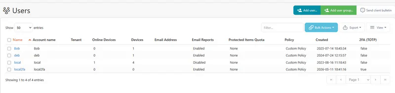 Users list showing the 2FA (TOTP) column with true or false for each user
