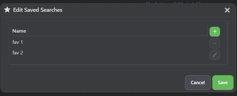 Edit Saved Searches dialog listing two saved searches