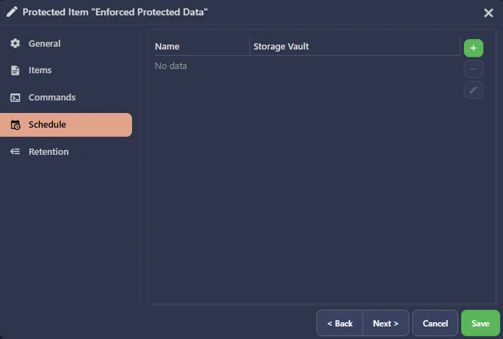 Protected Item Schedule tab with no schedules configured
