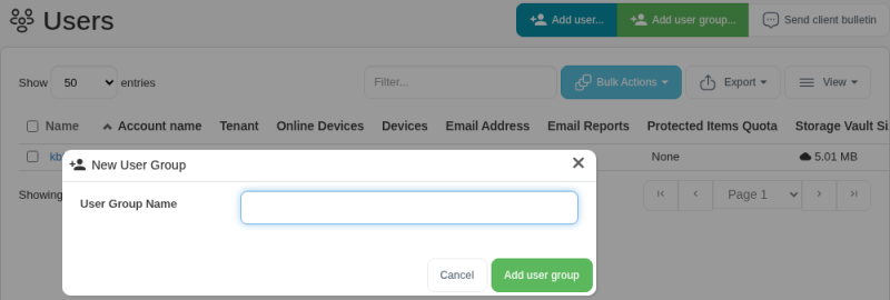 New User Group dialog on the Users page with the User Group Name field and the Add user group button