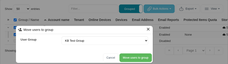 Move users to group dialog with a group selected in the User Group list and the Move users to group button