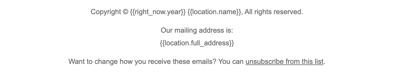 Screenshot of the provided email footer HTML being previewed to show it's simple, centered text formatting.