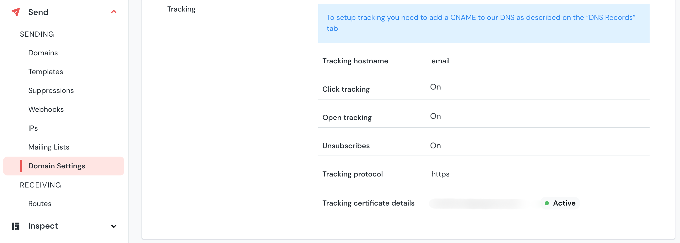 Mailgun's Tracking section showing Click tracking and Open tracking both toggled On, with Tracking protocol set to https and Tracking certificate showing Active.