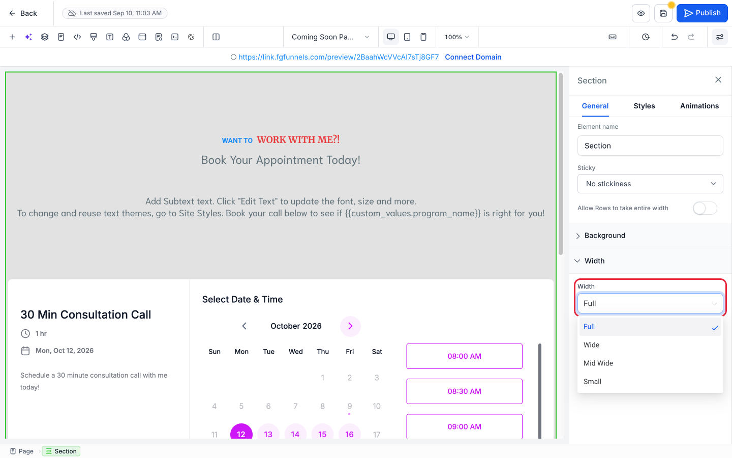 a section's Width setting with the options Full, Wide, Mid Wide, and Small