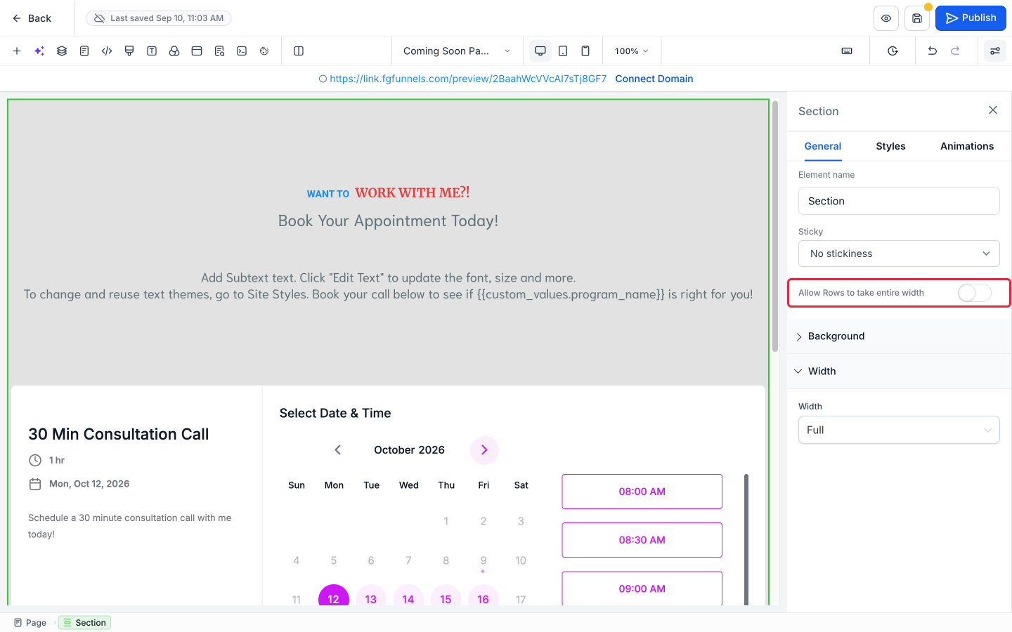 the Allow Rows to take entire width toggle in a section's General settings