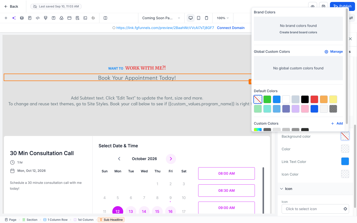 the opened color palette showing Brand Colors, Global Custom Colors, Default Colors, and Custom Colors