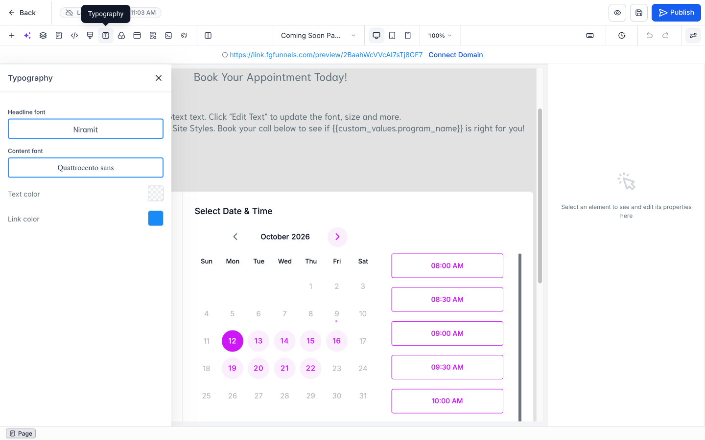 the Typography panel with the Headline font and Content font selectors