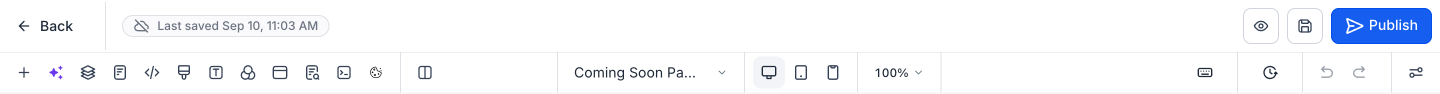 the builder toolbar with the Preview and Save icons, the Publish button, and the Desktop, Tablet, and Mobile Mode toggle