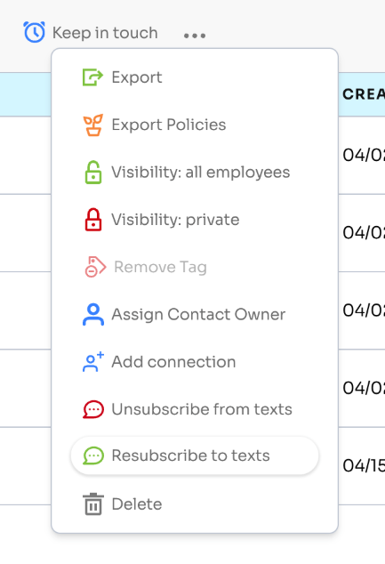 Contacts page bulk action menu showing Unsubscribe from texts and Resubscribe to texts options