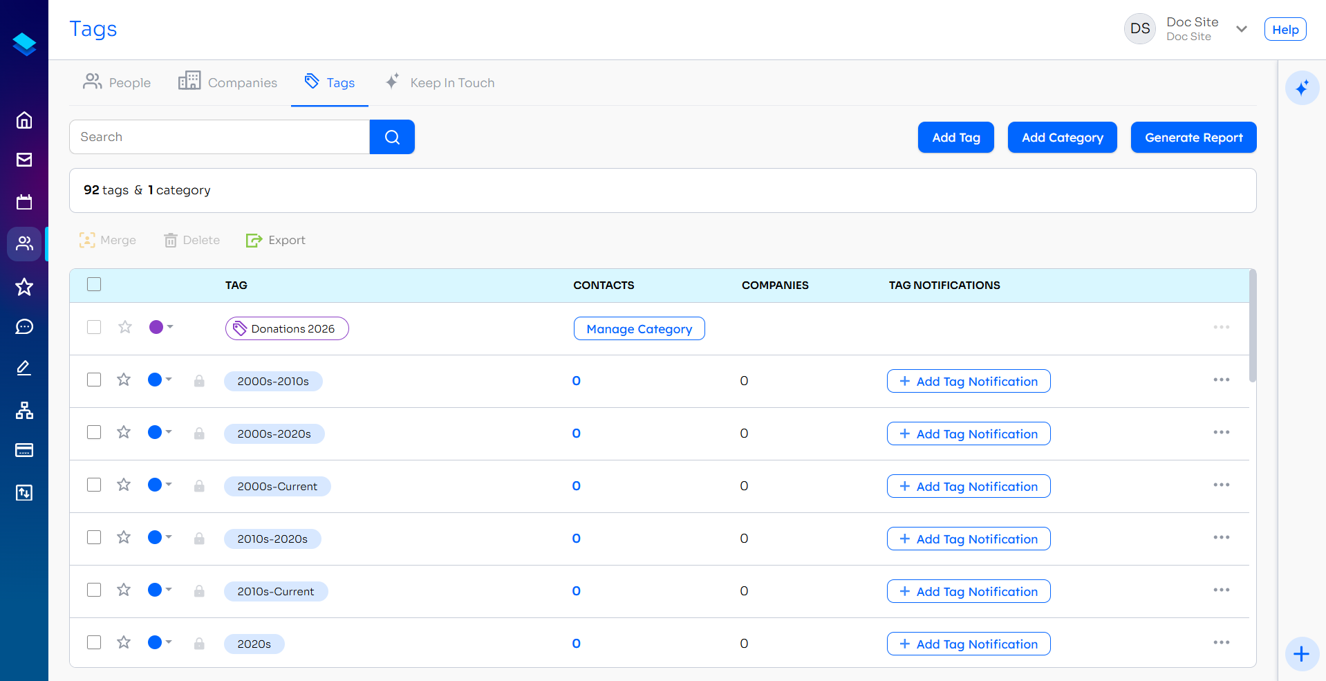 Manage Tags page showing the list of tags with their contact and company counts