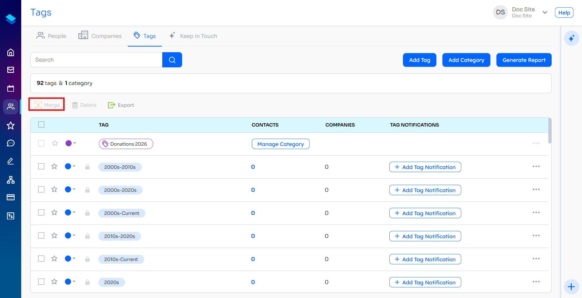 Manage Tags page with two tags checked and the Merge button highlighted