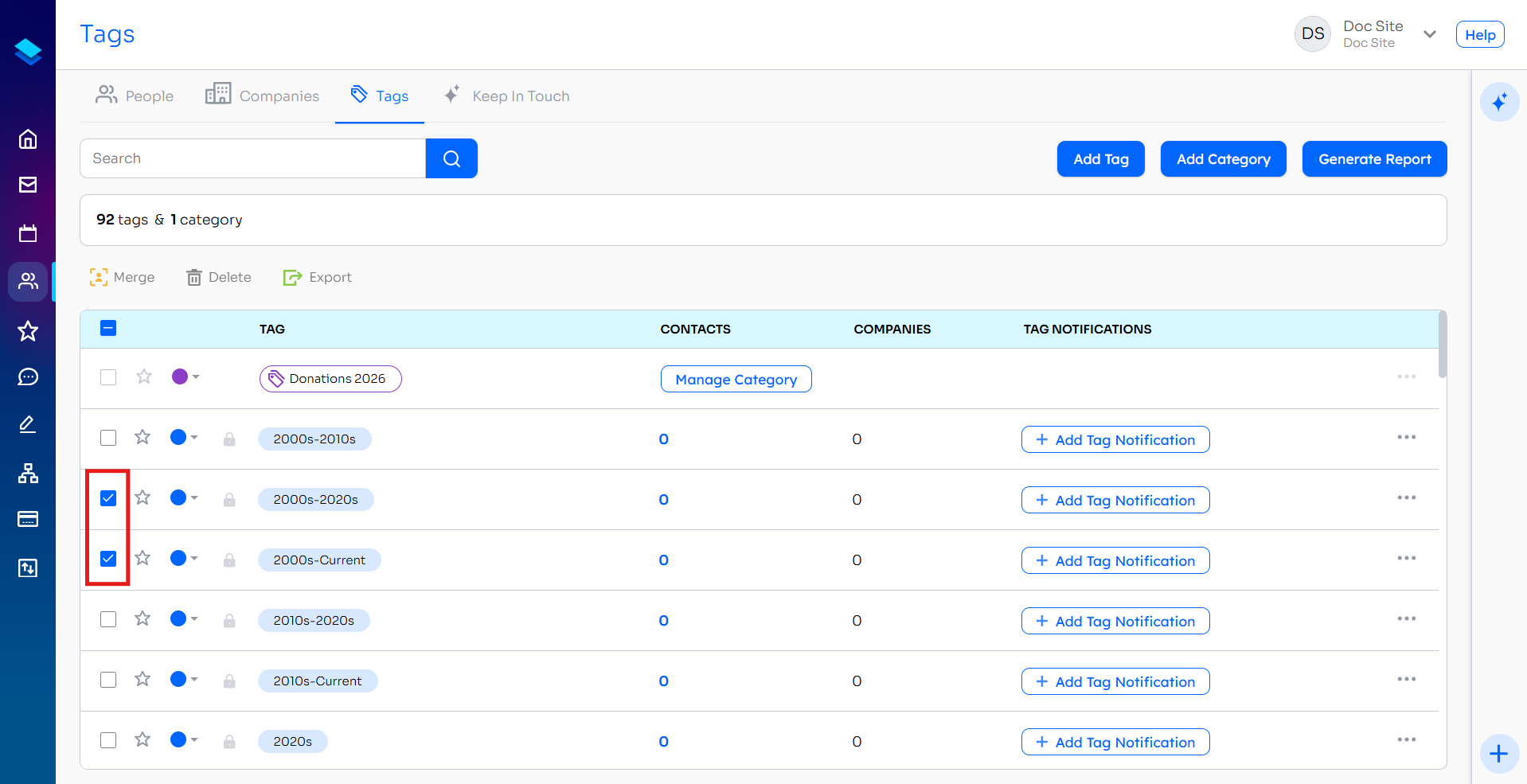 Manage Tags page with checkboxes selected on two tags to be merged
