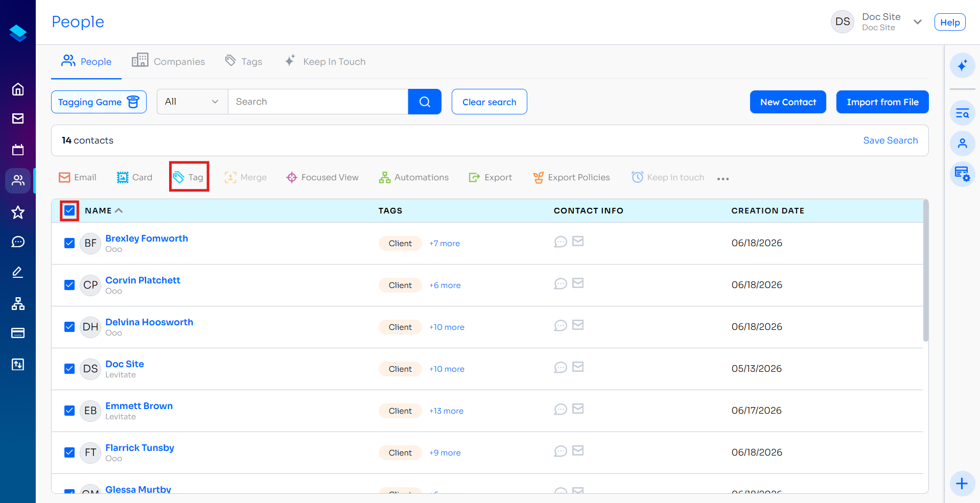 People page with all contacts selected and the Tag button highlighted in the action bar