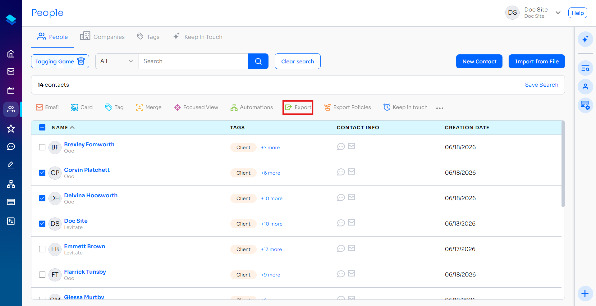 People page with all contacts selected and the Export button highlighted in the action bar