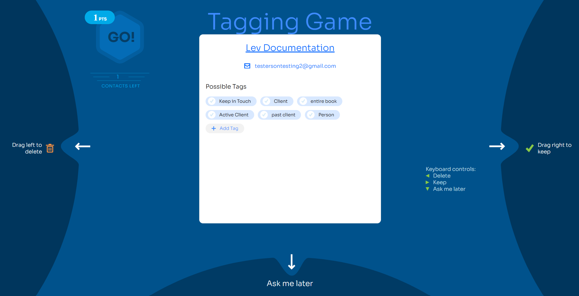 Tagging Game interface showing a contact card with suggested tags to assign