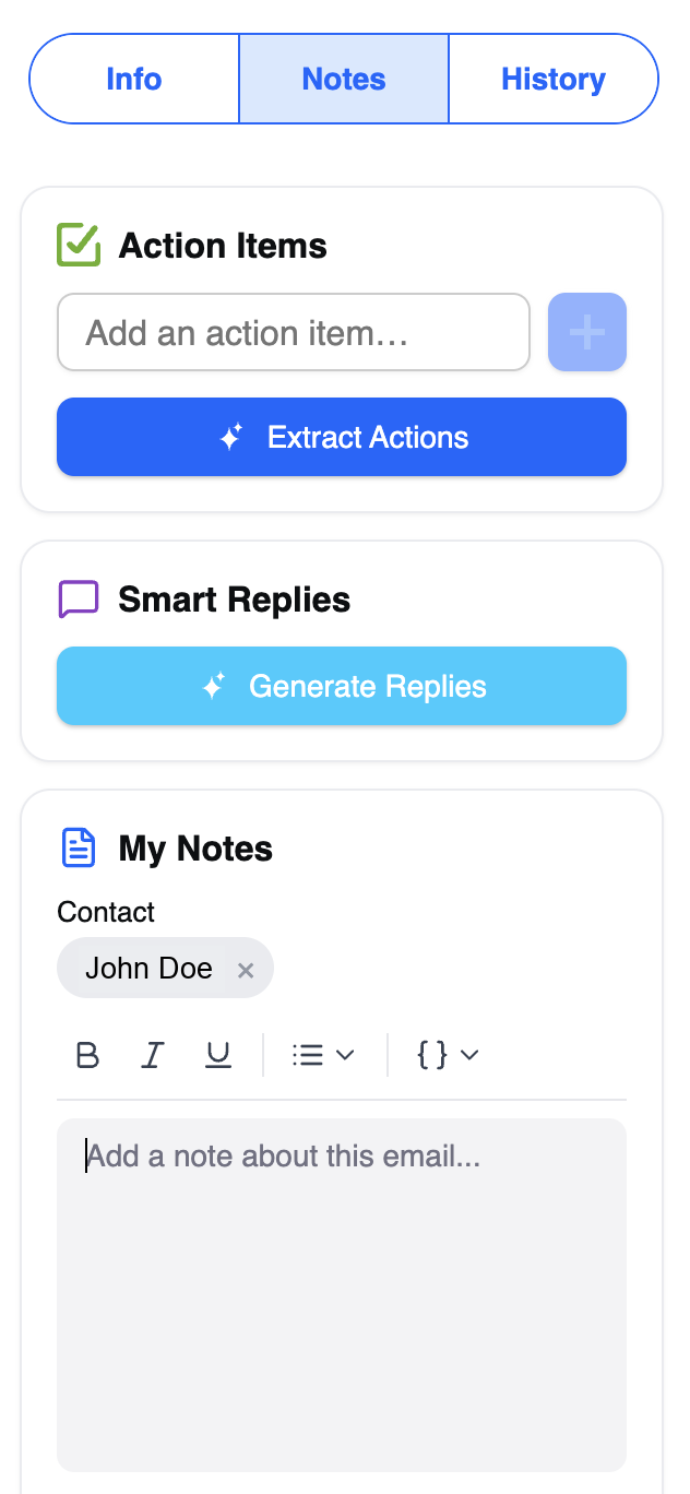 AI features in the Levitate Email Plugin Note editor